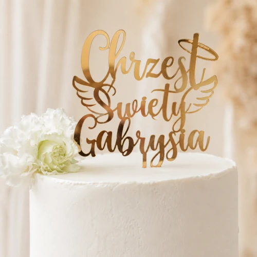 Topper_dekoracje_na_chrzest_święty_imię_personalizowany_skrzydełka_dekoracja_na_tort_złoty