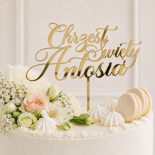 Topper_na_tort_dekoracje_na_chrzest_święty _imię_personalizowany_złoty_dekor