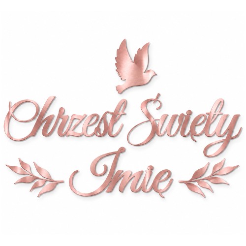 Banner na Chrzest Święty z imieniem rose gold rozowe zloto z gołąbkiem i gałązkami personalizowany.jpg