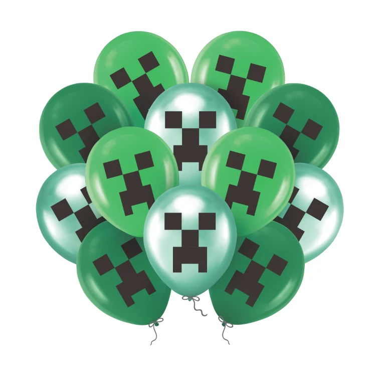 Balony_dekoracje_urodzinowe_Minecraft_Creeper_pixele_zielone_gamingowe_12szt