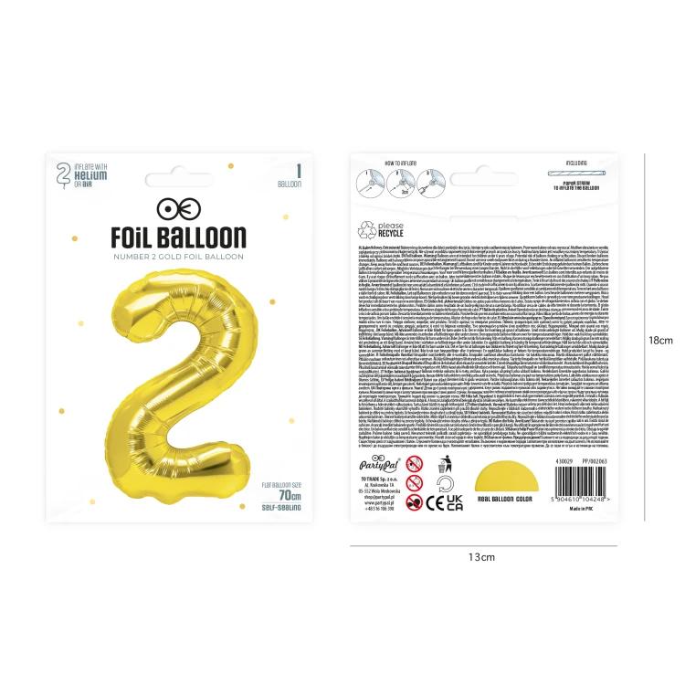 Balon foliowy cyfra 2 złoty 70cm