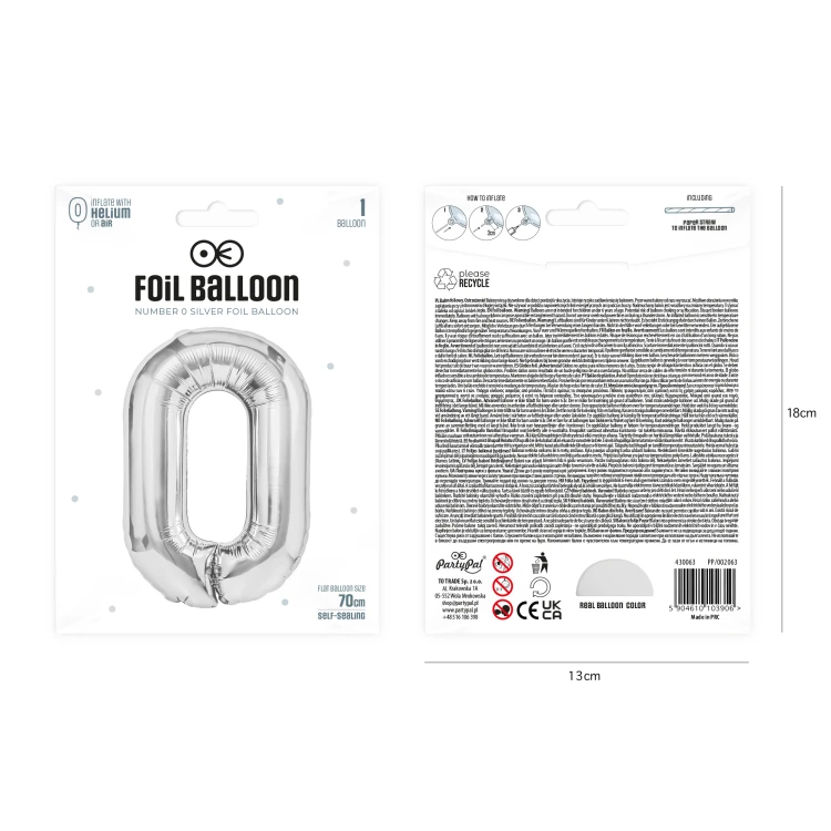 Balon foliowy cyfra 0 srebrny 70cm