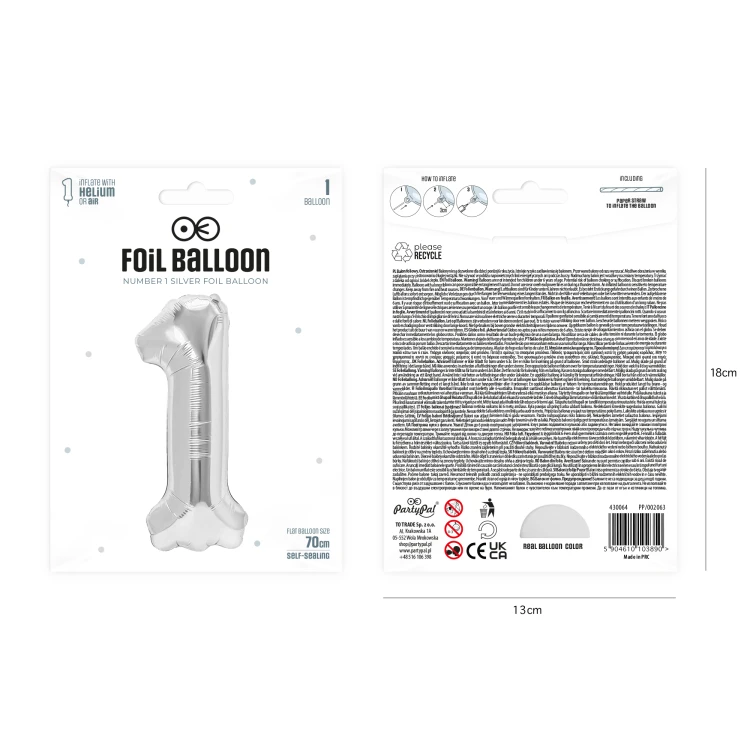 Balon foliowy cyfra 1 srebrny 70cm
