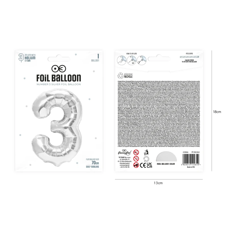 Balon foliowy cyfra 3 srebrny 70cm