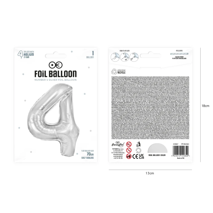 Balon foliowy cyfra 4 srebrny 70cm