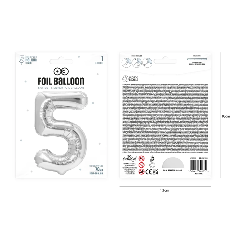 Balon foliowy cyfra 5 srebrny 70cm