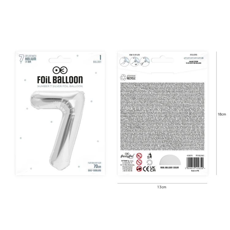 Balon foliowy cyfra 7 srebrny 70cm