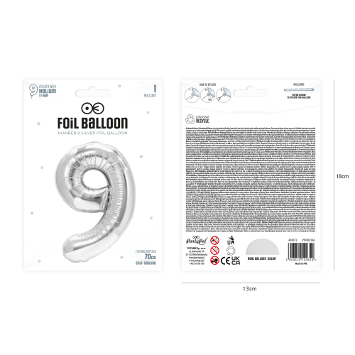 Balon foliowy cyfra 9 srebrny 70cm