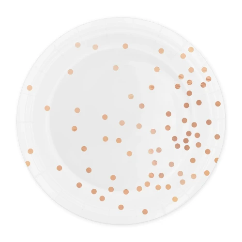 Talerzyk papierowy biały w kropki rose gold 6szt.webp