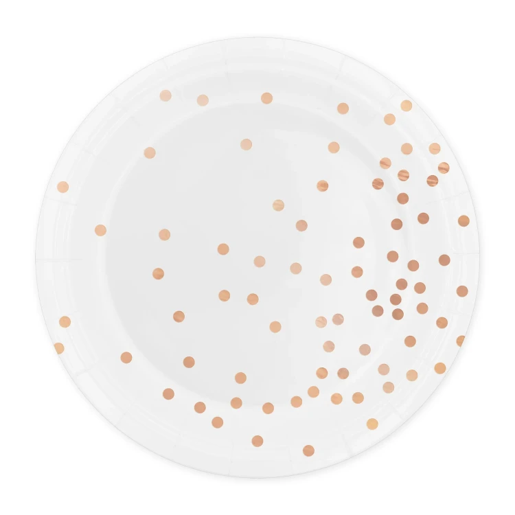 Talerzyk papierowy biały w kropki rose gold 6szt.webp