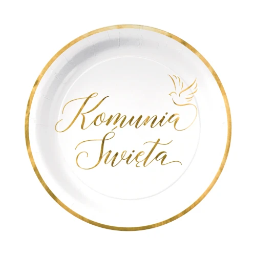 Talerzyki papierowe Komunia Święta biało-złote 7 cali 6 szt.
