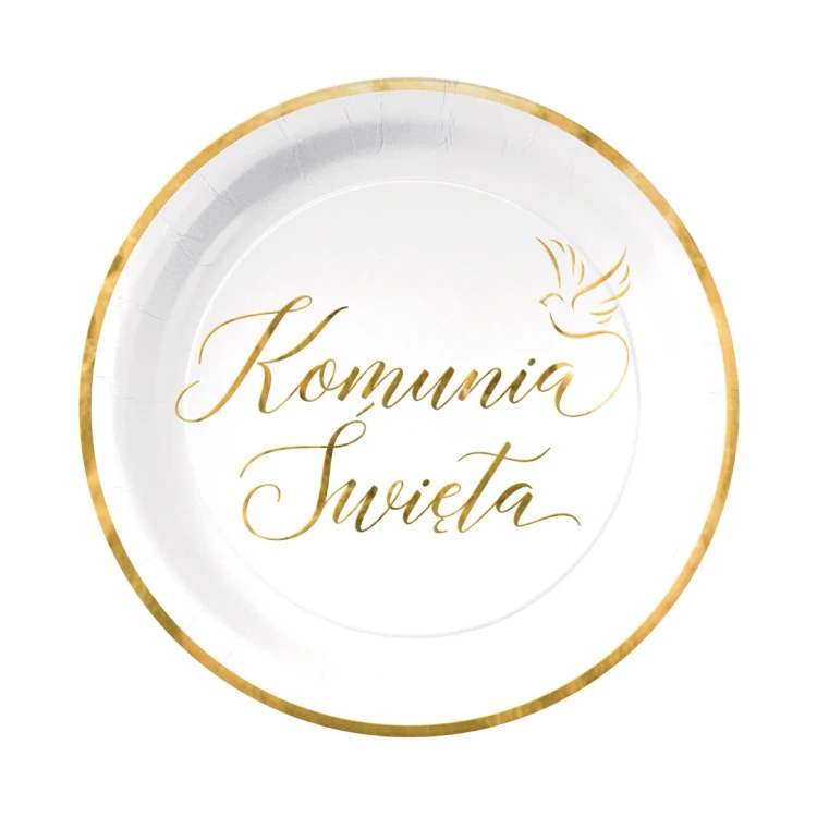 Talerzyki papierowe Komunia Święta biało-złote 7 cali 6 szt.