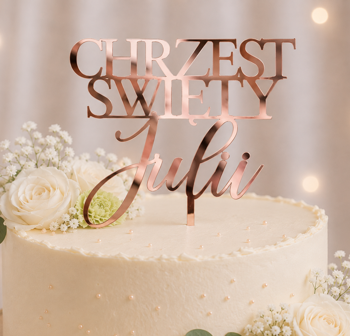 Topper_na_tort_dekoracje_na_chrzest_święty personalizowany_imię_prosty_Rose_Gold