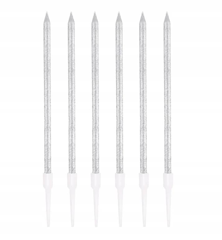 Świeczki brokatowe urodzinowe długie SREBRNE 6 szt na tort świeczki tortowe