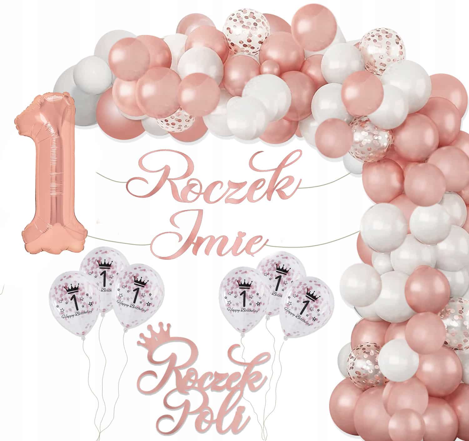 Zestaw dekoracji na Roczek 1 urodziny BALONY ROSE GOLD